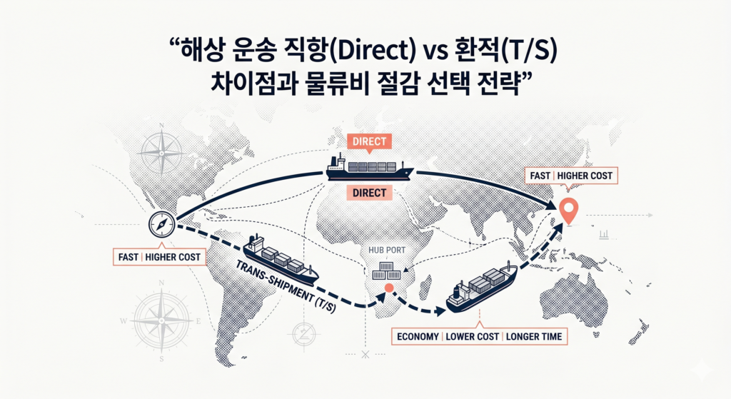 해상 물류 직항과 환적 차이점 비교 인포그래픽: 포워딩 견적서 분석 및 Transit Time(T/T) 절감을 위한 물류 전략 가이드 이미지