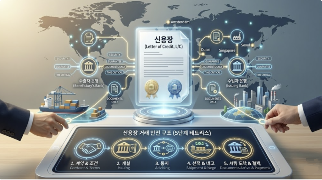 신용장 거래 구조와 금융 네트워크를 시각화한 컨셉 이미지